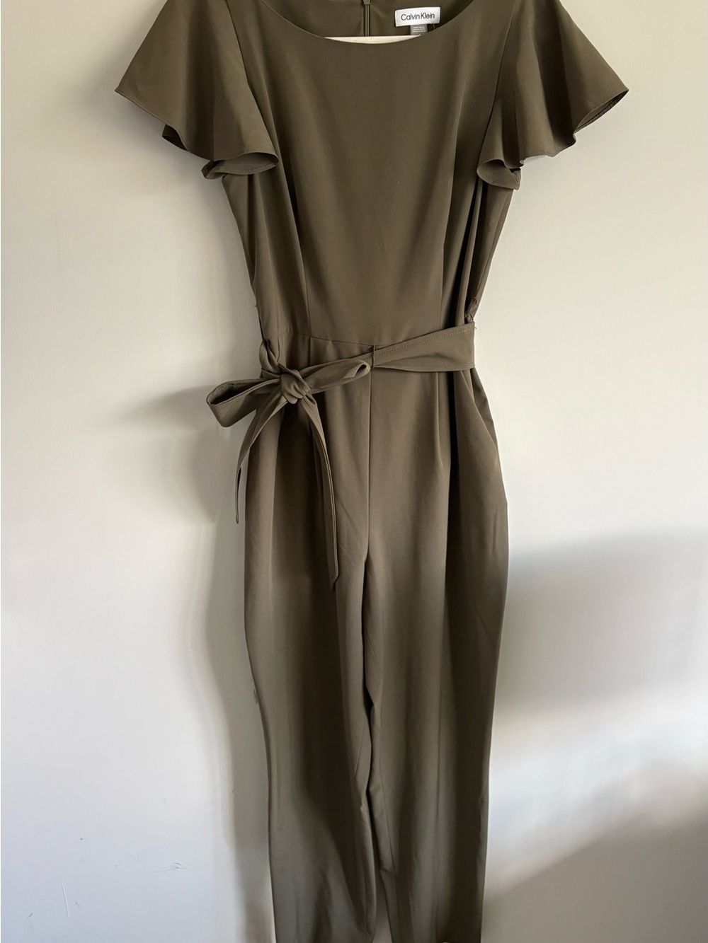 Calvin Klein Olive Jumpsuit with Tie Waist and Flutter Sleeves